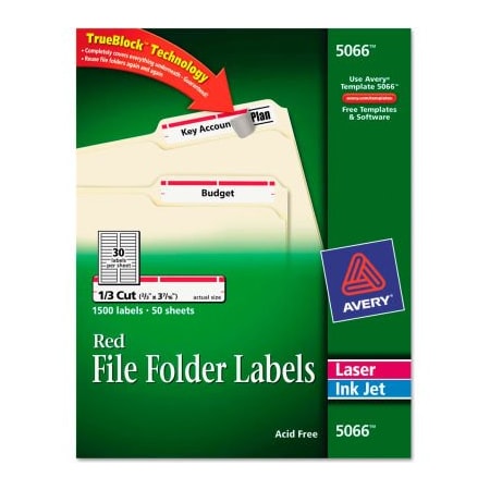 Avery File Folder Label, 21/32" Label W, 30 Labels per Sheet Red 5066